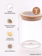 Heart Home Borosilicate Glass Jar with Printed Bamboo Lid|Kitchen Organizer Items and Storage|Multi-utility, Leakproof, Airtight Storage Jar for Cookies,Snacks,Tea,Coffee,Sugar|Pack of 2(1000ml)